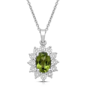 Jewelili Sterling Silver 7x5 MM Oval Genuine Peridot and 1/20 Cttw Natural White Round Diamond Pendant Necklace