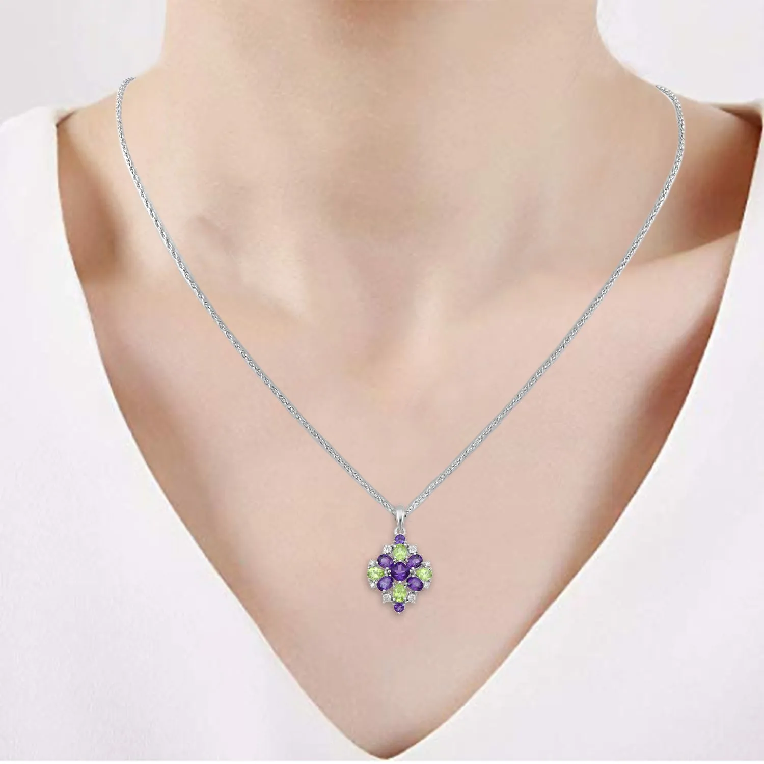 Jewelili Sterling Silver With Cushion Shape, Pear Shape and Oval Shape Amethyst with Peridot and Natural White Round Diamonds Pendant Necklace, 18" Rope Chain