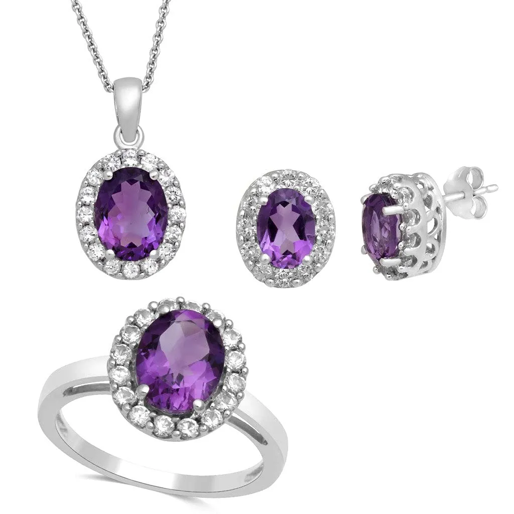 Jewelili Sterling Silver with Oval Shape Amethyst and Round Created White Sapphire Stud Earrings & Halo Pendant Necklace, 18" Rolo Chain and Fashion Ring 3 Pieces Box Set