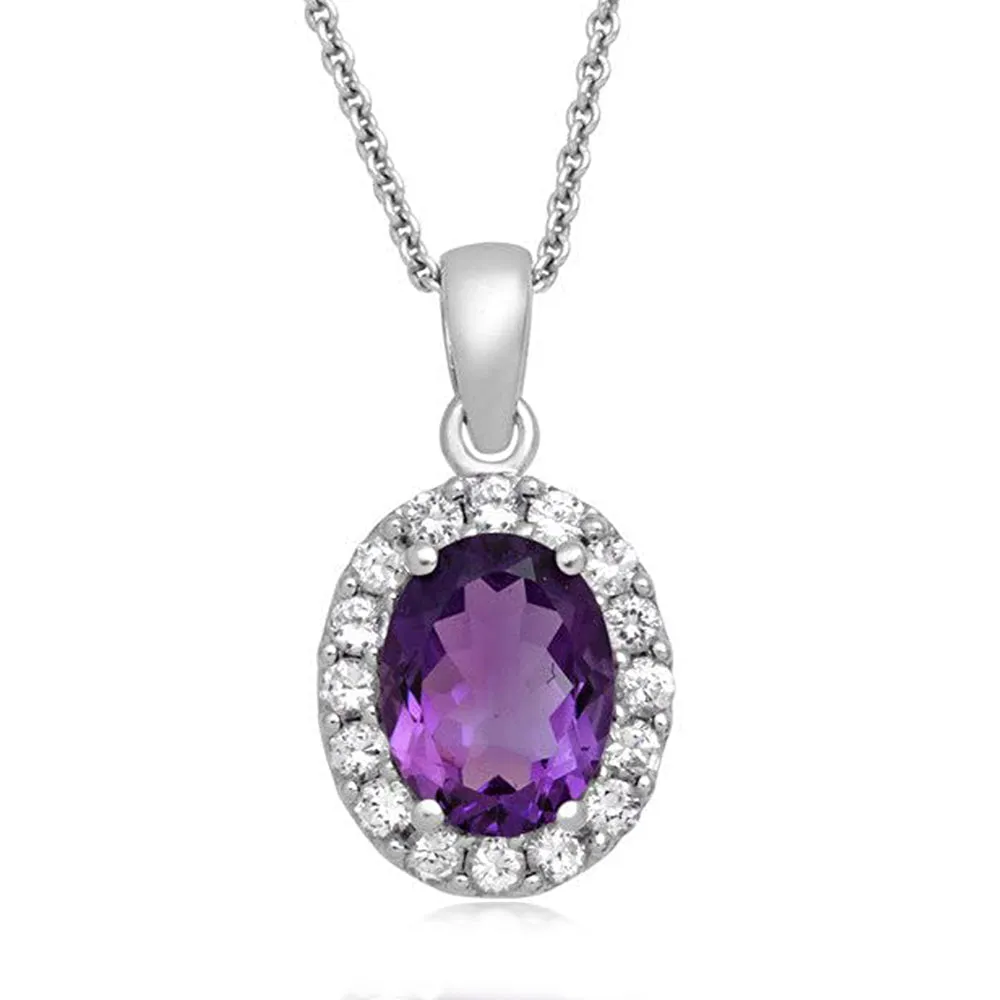 Jewelili Sterling Silver with Oval Shape Amethyst and Round Created White Sapphire Stud Earrings & Halo Pendant Necklace, 18" Rolo Chain and Fashion Ring 3 Pieces Box Set