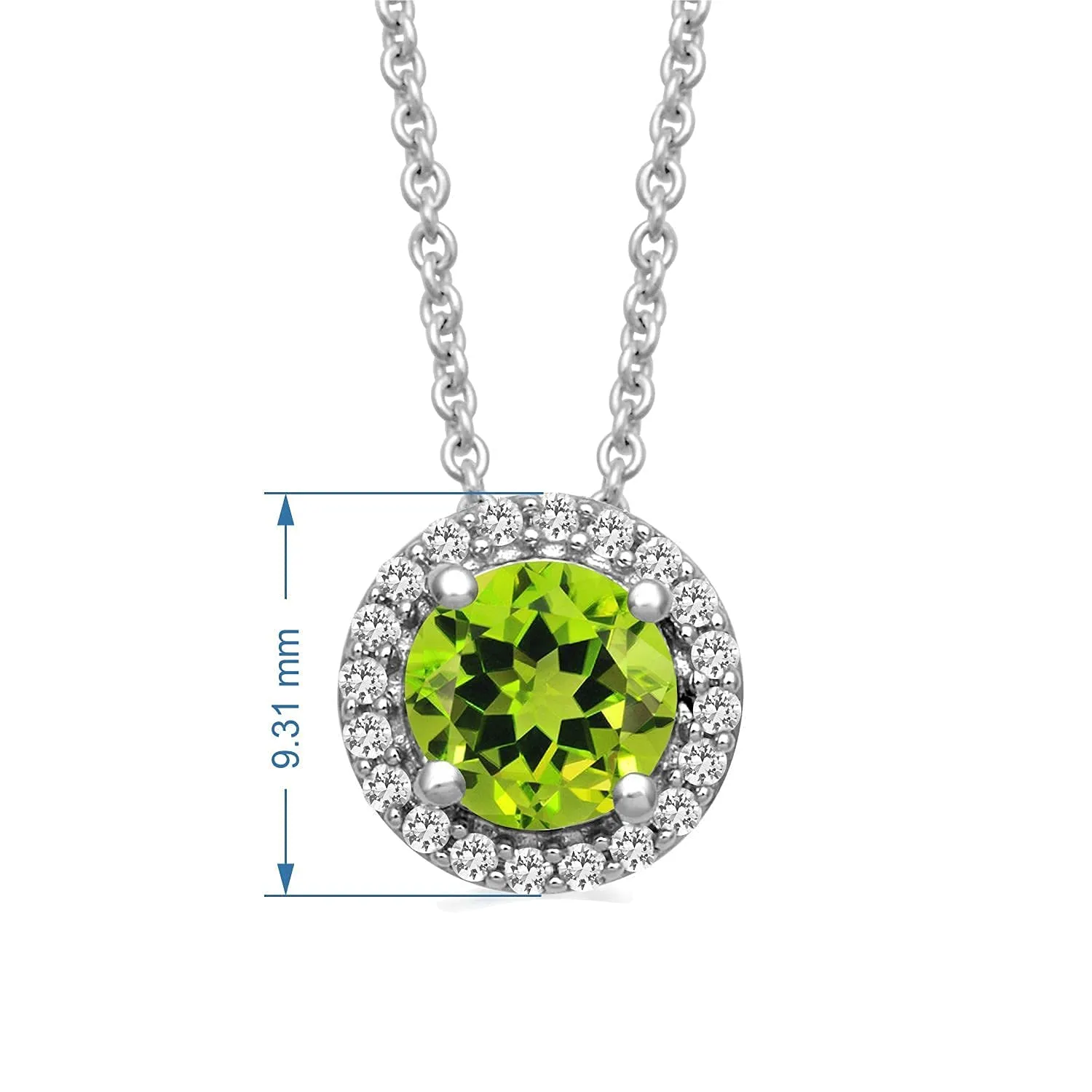 Jewelili Sterling Silver with Round Peridot and Created White Sapphire Halo Pendant Necklace