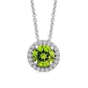 Jewelili Sterling Silver with Round Peridot and Created White Sapphire Halo Pendant Necklace