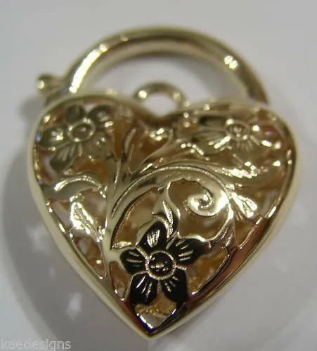 Kaedesigns New Genuine 18ct 15mm Yellow, Rose or White Gold Filigree Heart Pendant Padlock