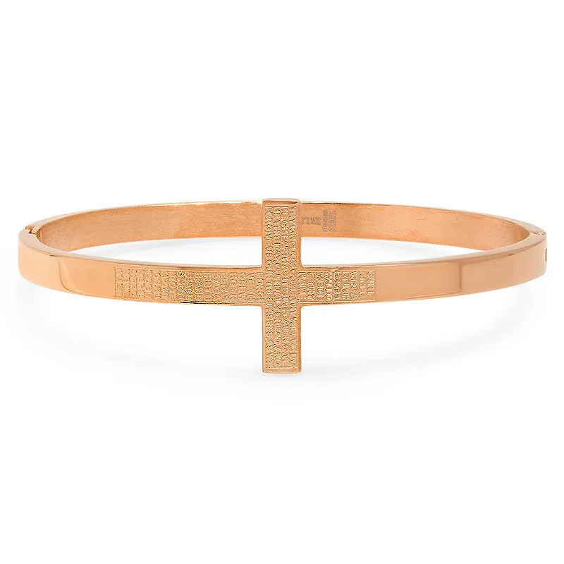 Ladies 18 KT Rose Gold Plated Cross Bangle in Portugese with "Pai Nosso" Prayer Bracelet