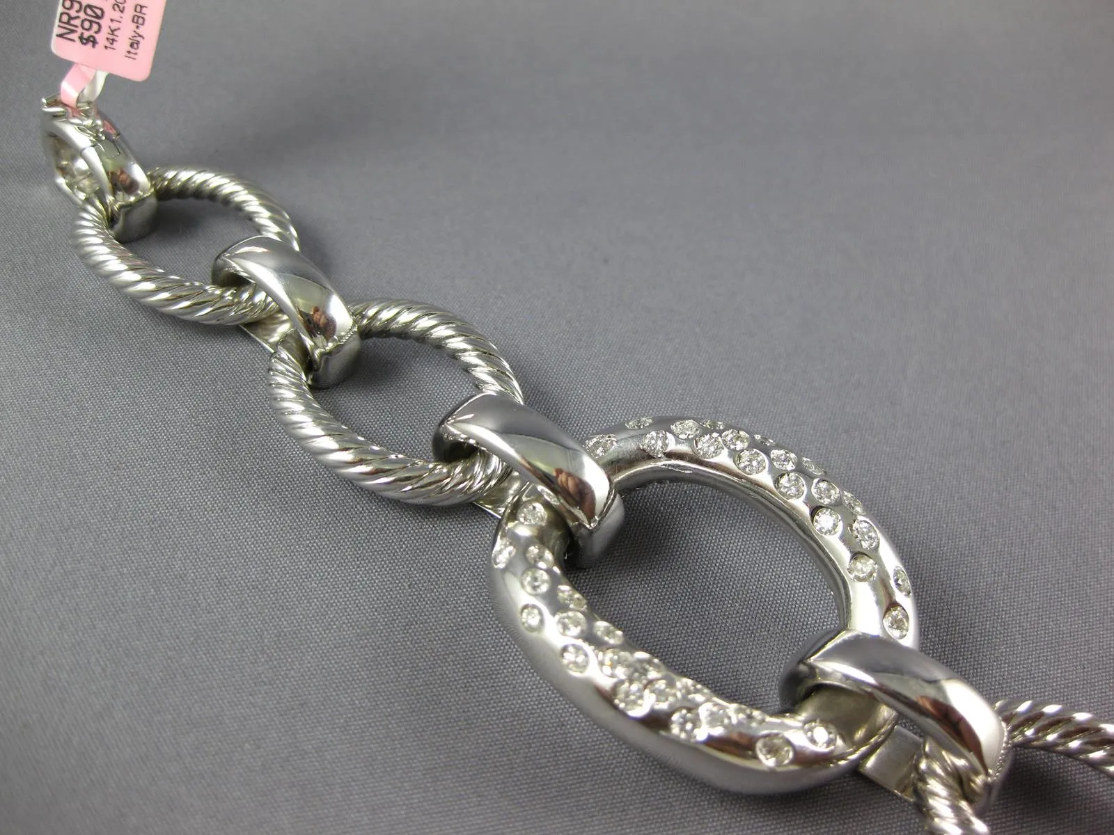 LARGE & LONG 1.20CT DIAMOND 14KT WHITE GOLD ETOILE OVAL FILIGREE LINK BRACELET