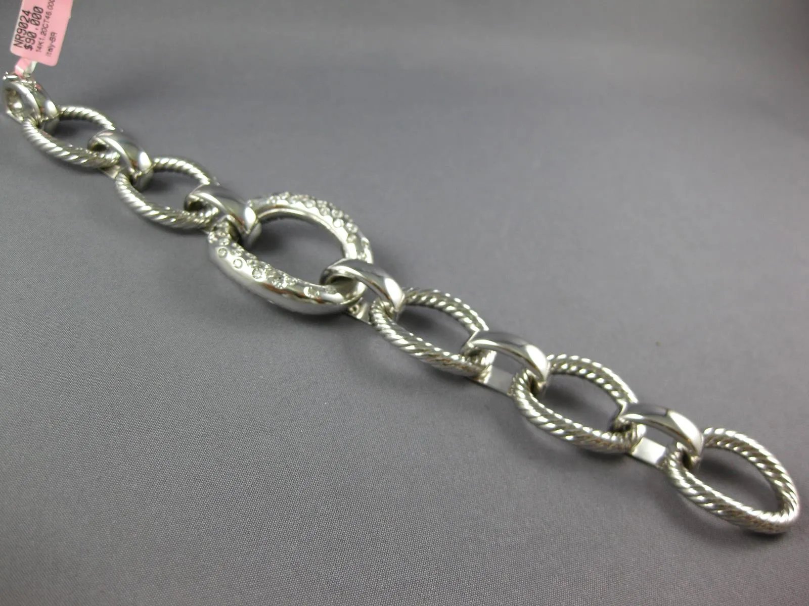 LARGE & LONG 1.20CT DIAMOND 14KT WHITE GOLD ETOILE OVAL FILIGREE LINK BRACELET