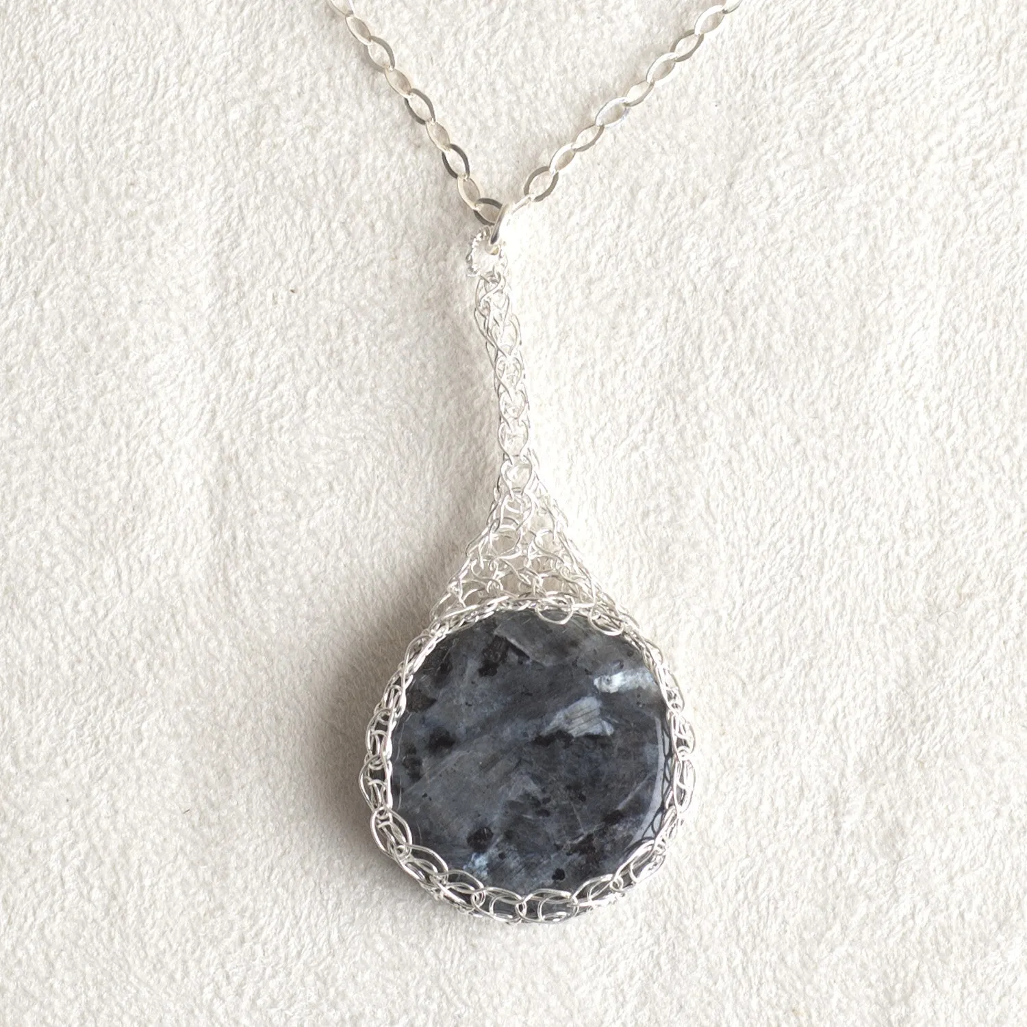 Large Gray Labradorite pendant necklace, nested in Silver wire