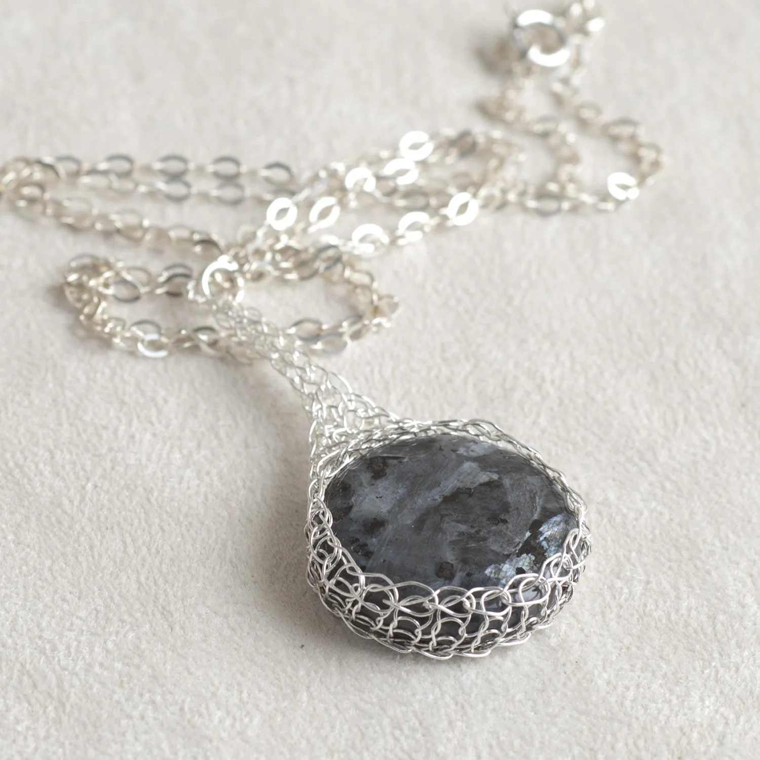 Large Gray Labradorite pendant necklace, nested in Silver wire