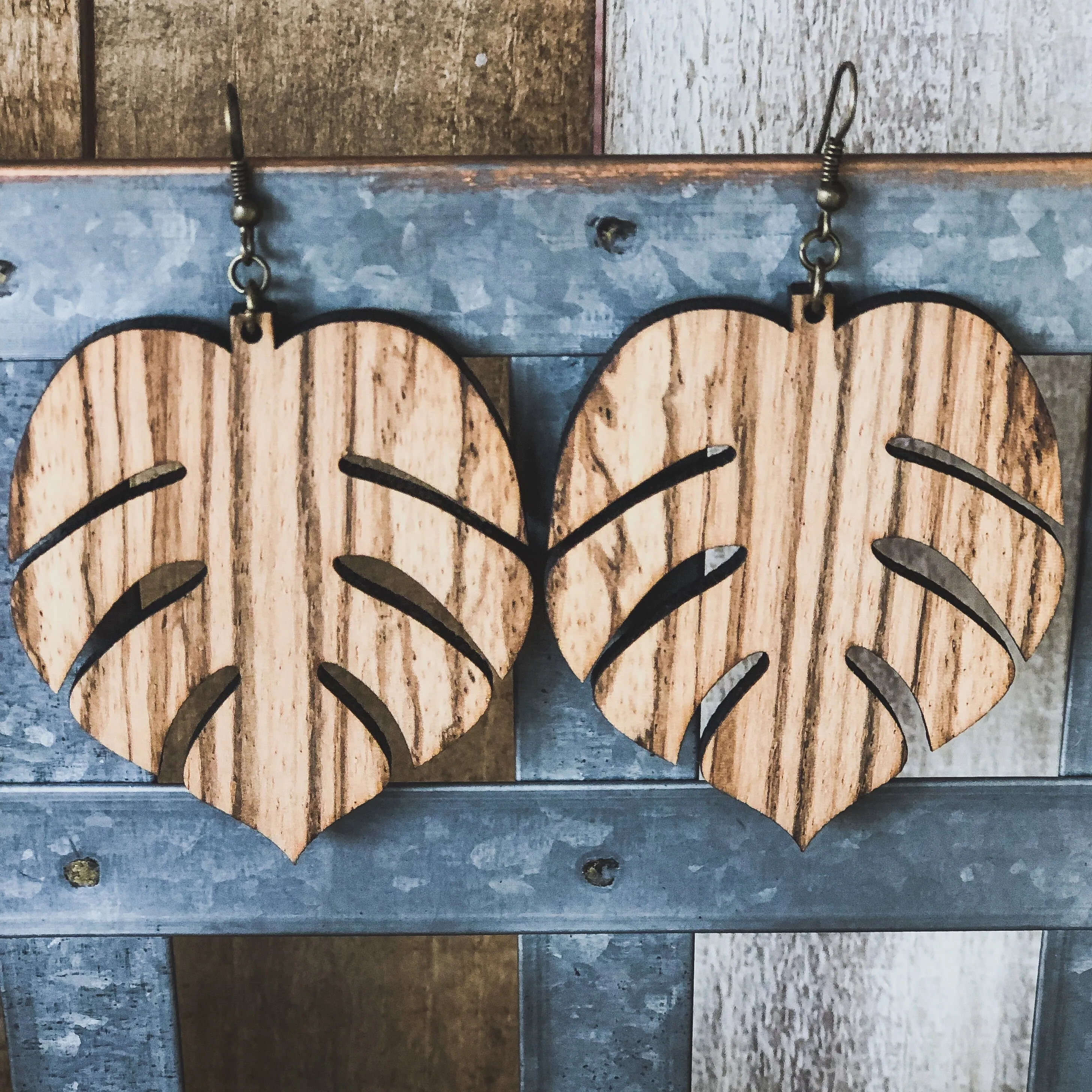 Large Monstera Zebra Wood Earrings