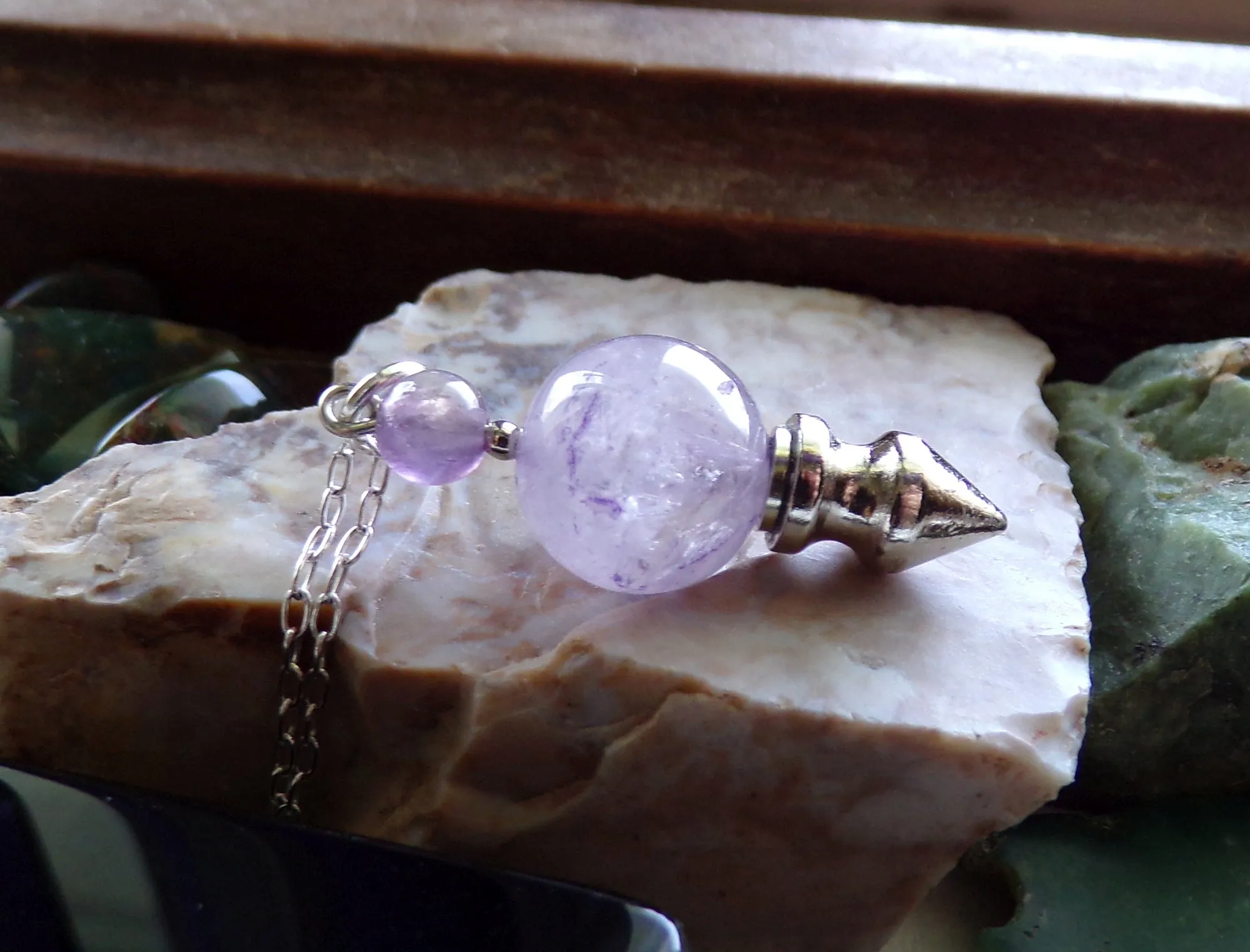 Lavender Amethyst Crystal Ball Spike Pendulum Pendant Necklace