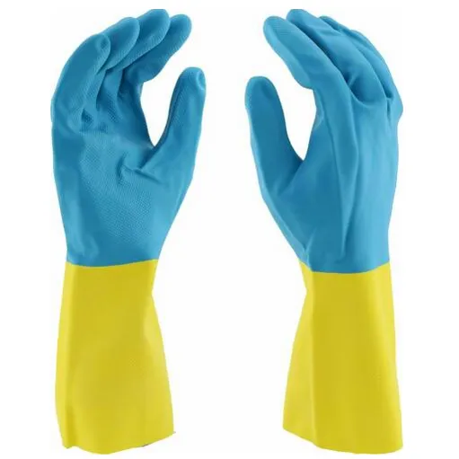 Liberty 2570SP Neoprene/Latex Liquid Proof Unsupported Glove with Flock line, Chemical Resistant, 28 mil Thickness, 13" Length, Blue/Yellow (Pack of 12)