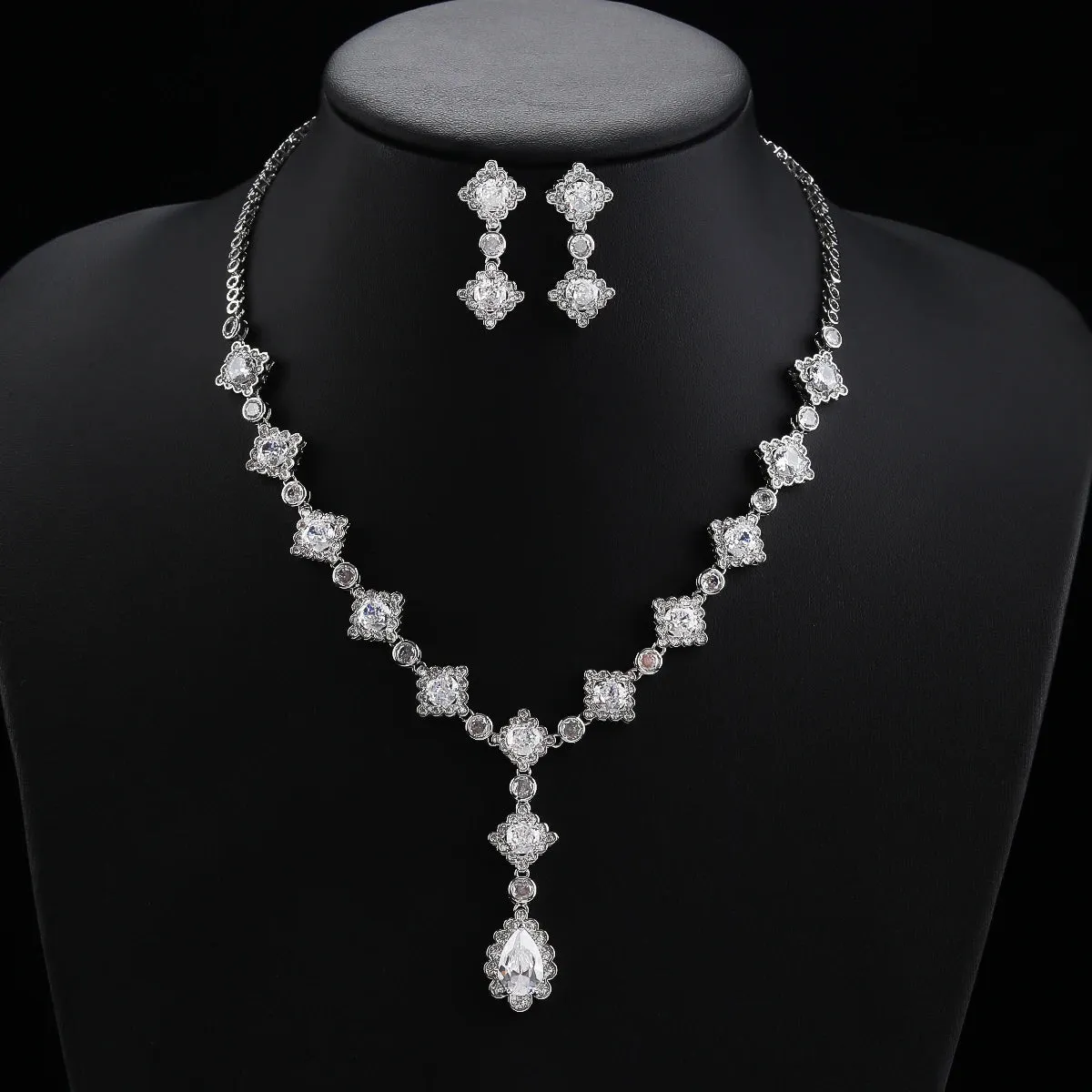 Luxury Women Necklace and Earring Set  Zirconia Silver Color Pink and Green Wedding Jewelry Set CN11065