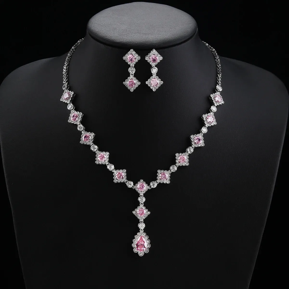 Luxury Women Necklace and Earring Set  Zirconia Silver Color Pink and Green Wedding Jewelry Set CN11065