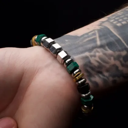 Men's 8mm Mokume Gane, Malachite and Onyx Beads Bushido Virtue Bracelet, 8.25"