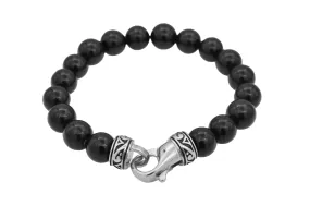 Mens Genuine 10mm Onyx Stainless Steel Beaded Bracelet