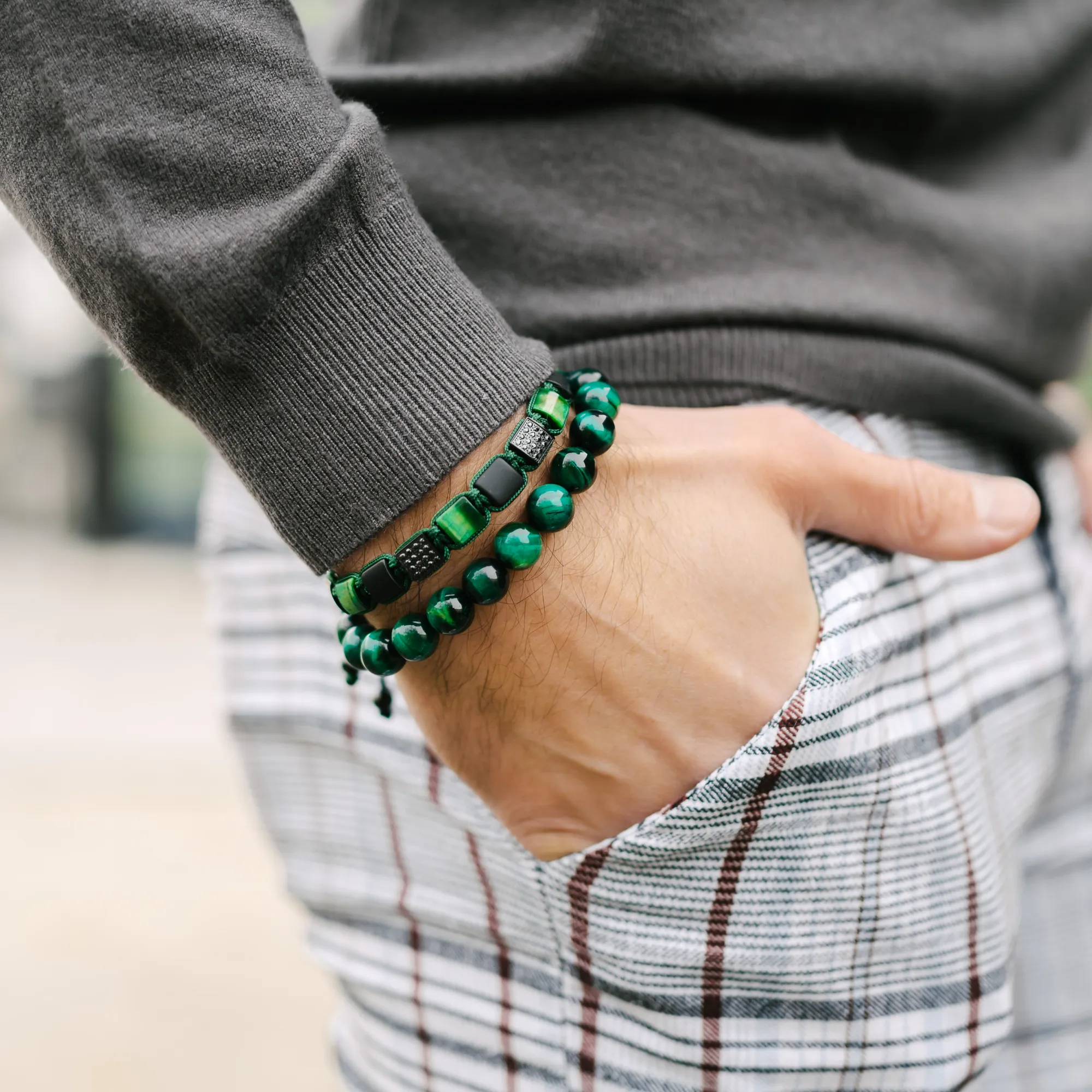 Men's GREEN TIGER EYE, MATTE ONYX Flat bead Bracelet