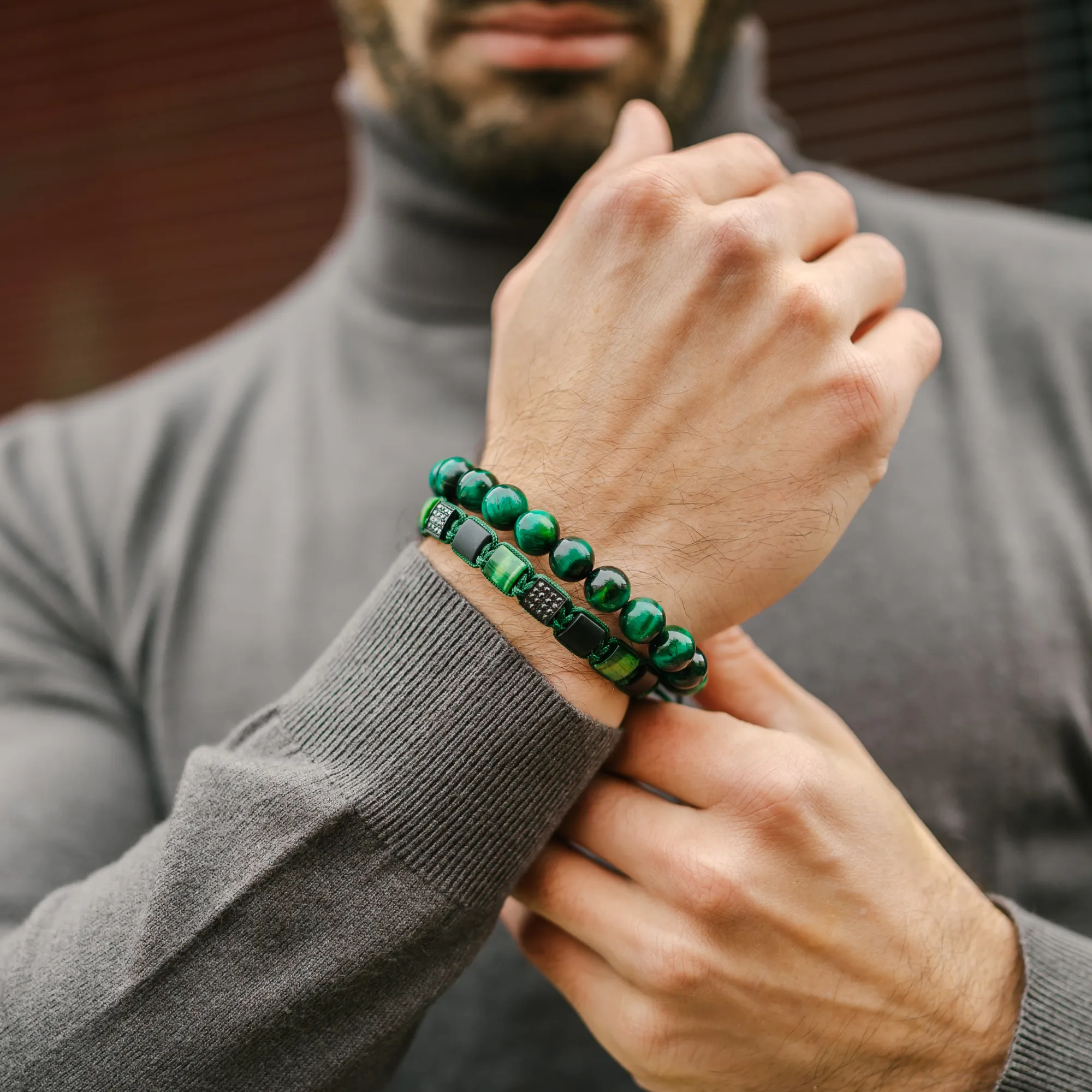 Men's GREEN TIGER EYE, MATTE ONYX Flat bead Bracelet