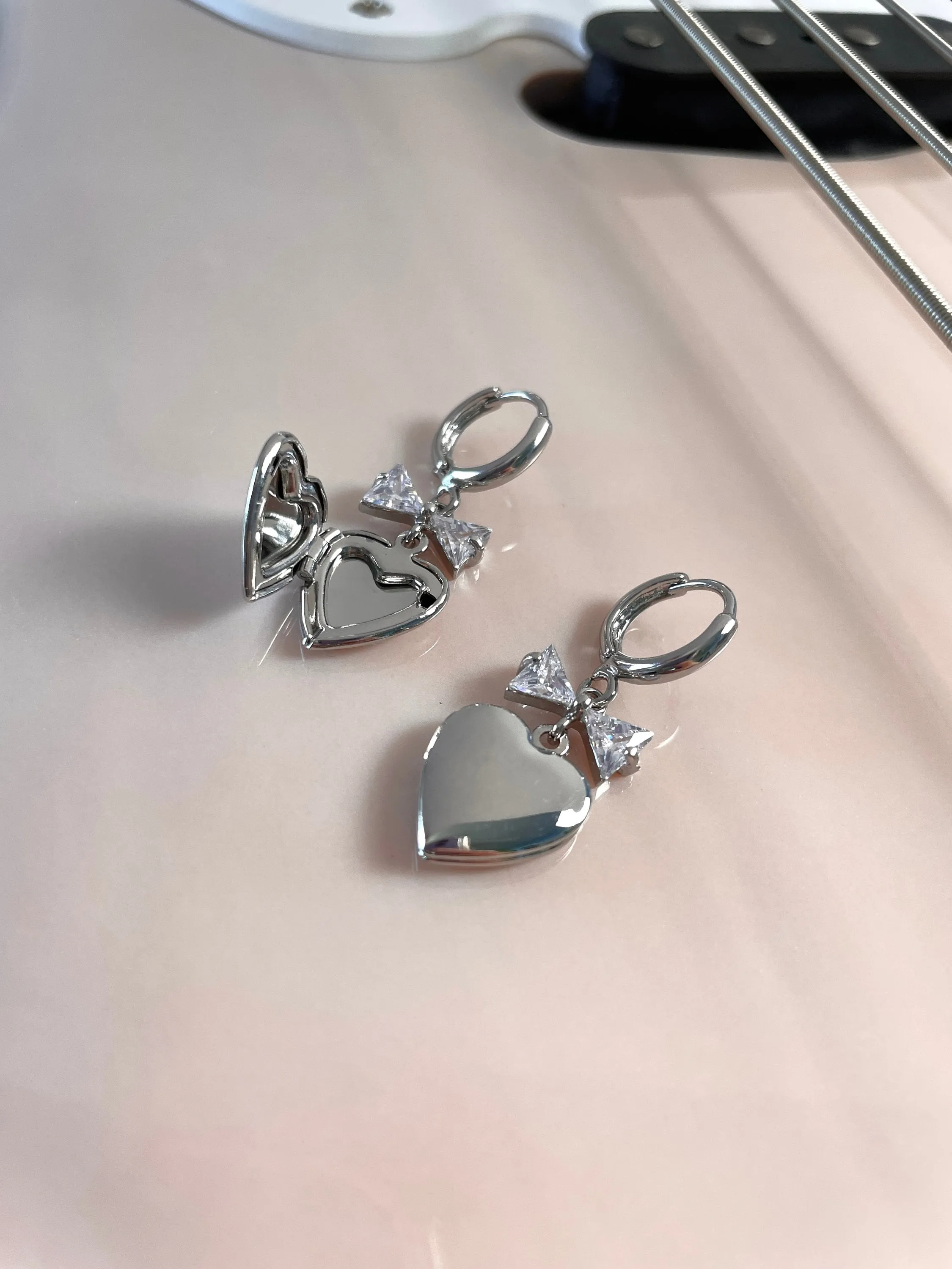 Meri Heart Locket Bow Earrings