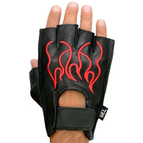 Milwaukee Leather SH198 Men's Black Leather Gel Padded Palm Fingerless Motorcycle Hand Gloves W/ ‘Red Flame Embroidered’