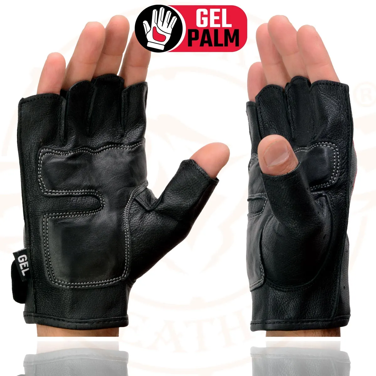 Milwaukee Leather SH198 Men's Black Leather Gel Padded Palm Fingerless Motorcycle Hand Gloves W/ ‘Red Flame Embroidered’