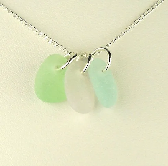 MINI Sea Glass Necklace Trio Amethyst Seafoam Green and Turquoise Rare Pastel Colors