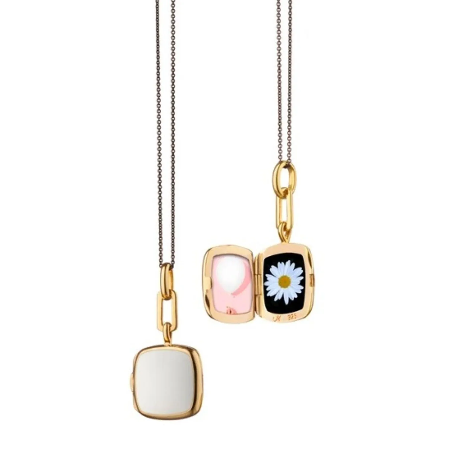 MONICA RICH KOSANN STERLING SILVER AND 18K YELLOW GOLD VERMEIL WHITE ENAMEL CUSHION LOCKET NECKLACE