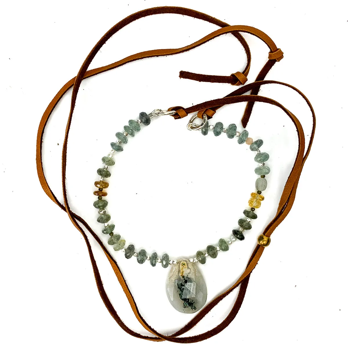 Moss Aquamarine, Moss Agate, Garden Quartz (Lodolite), Labradorite, Citrine, Peach Moonstone Necklace #4