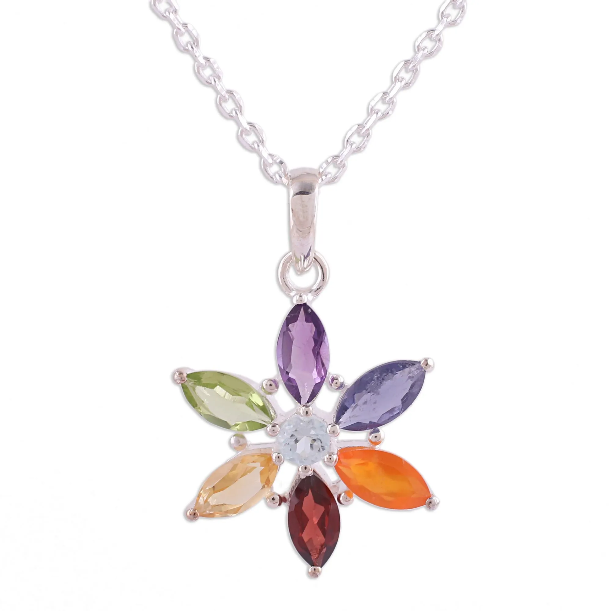 Multi-Gemstone Floral Pendant Necklace from India - Floral Chakra | NOVICA