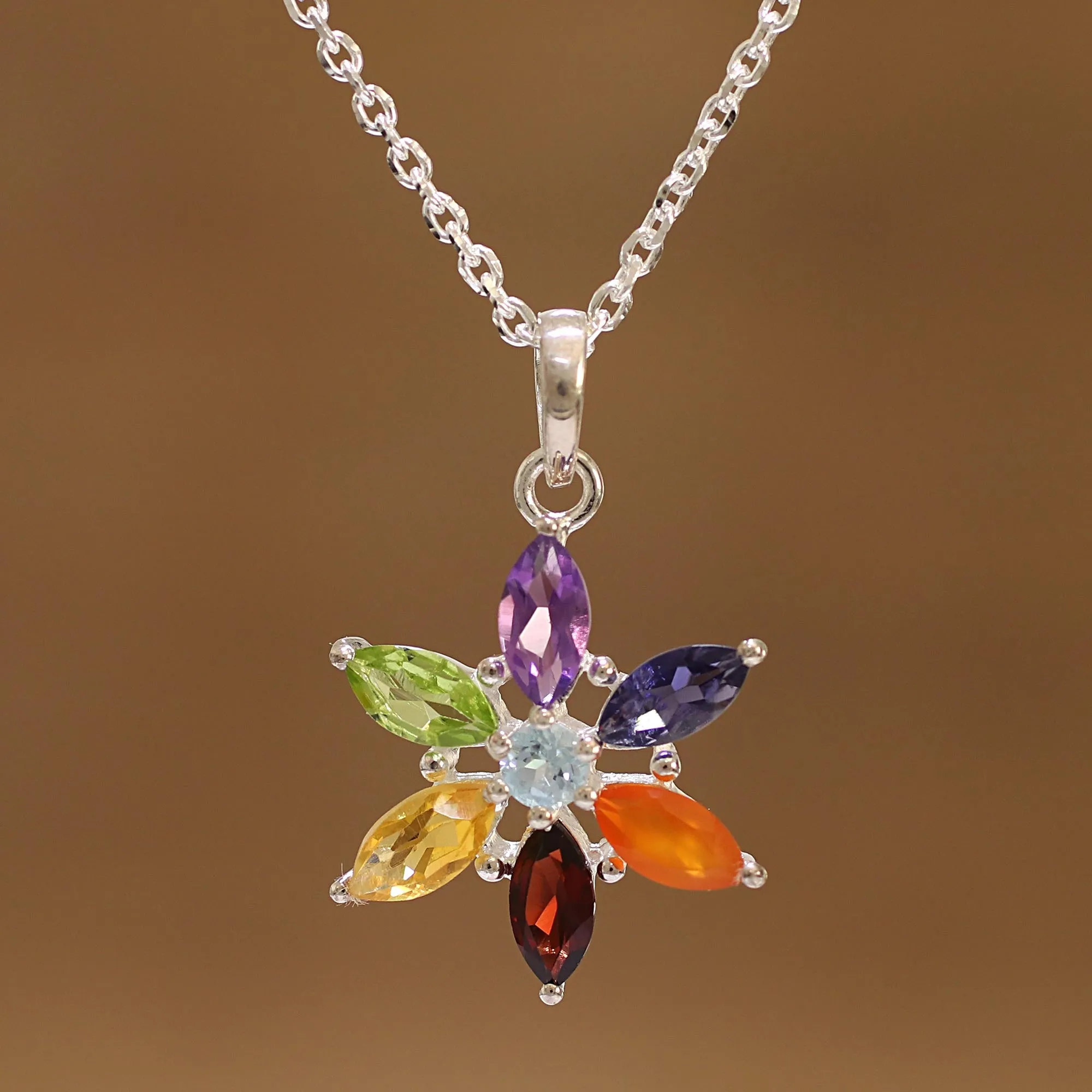 Multi-Gemstone Floral Pendant Necklace from India - Floral Chakra | NOVICA