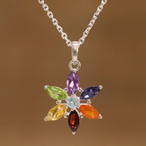 Multi-Gemstone Floral Pendant Necklace from India - Floral Chakra | NOVICA