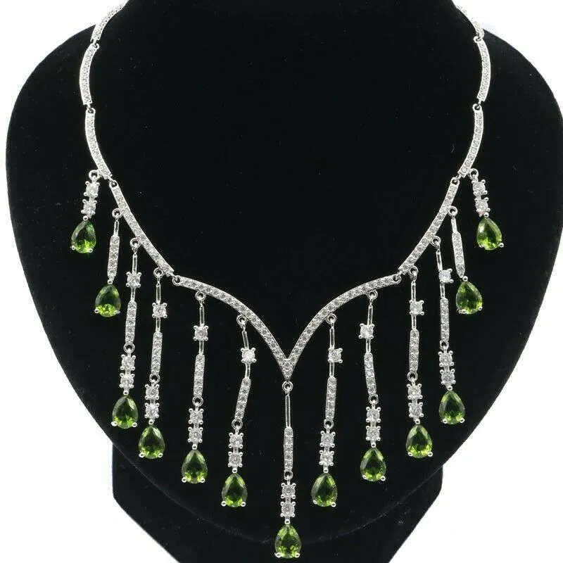 Multi-Strand Created Green Peridot Teardrop Statement Wedding Necklace