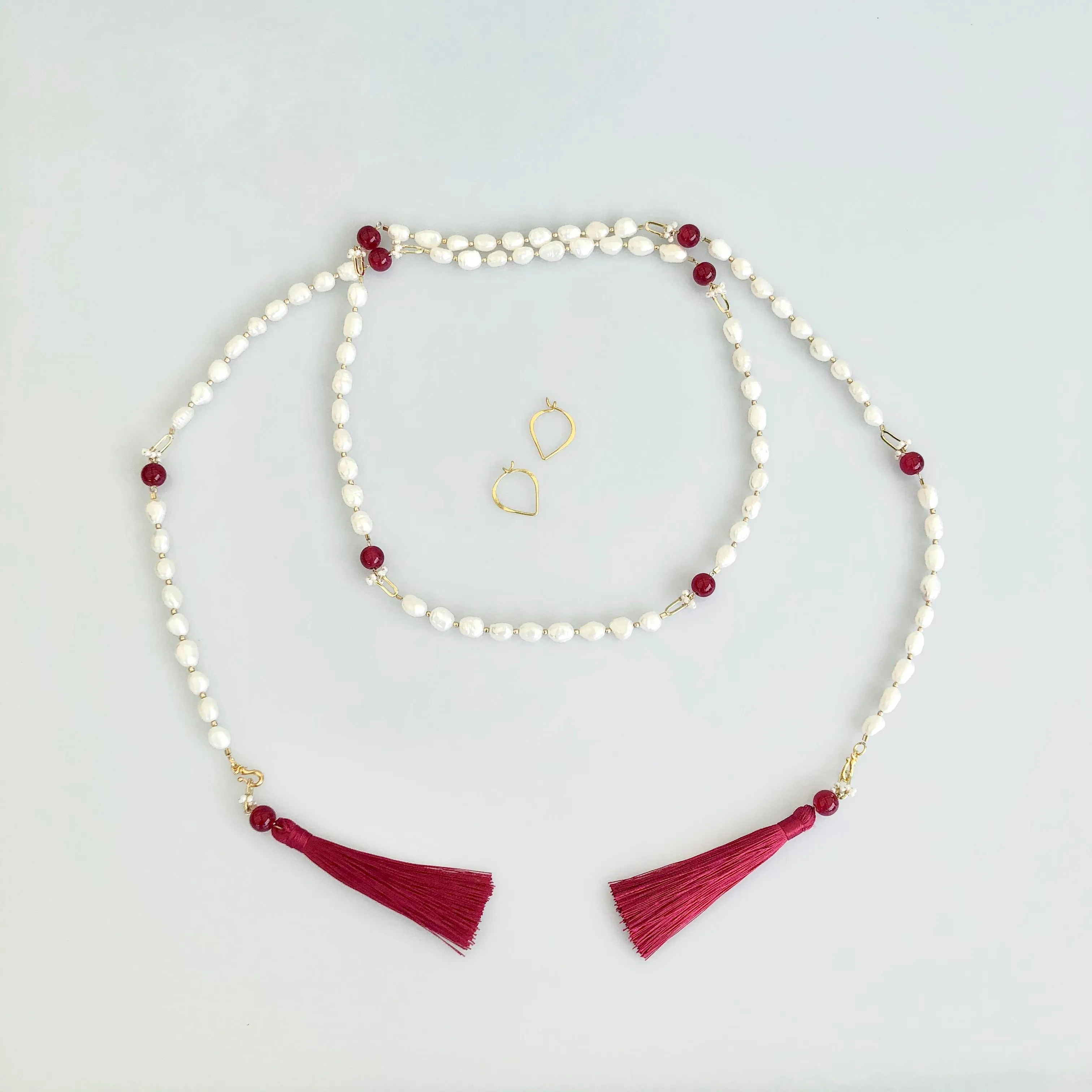 Multi-style Baroque Pearl Lariat Necklace Red Tassel Set