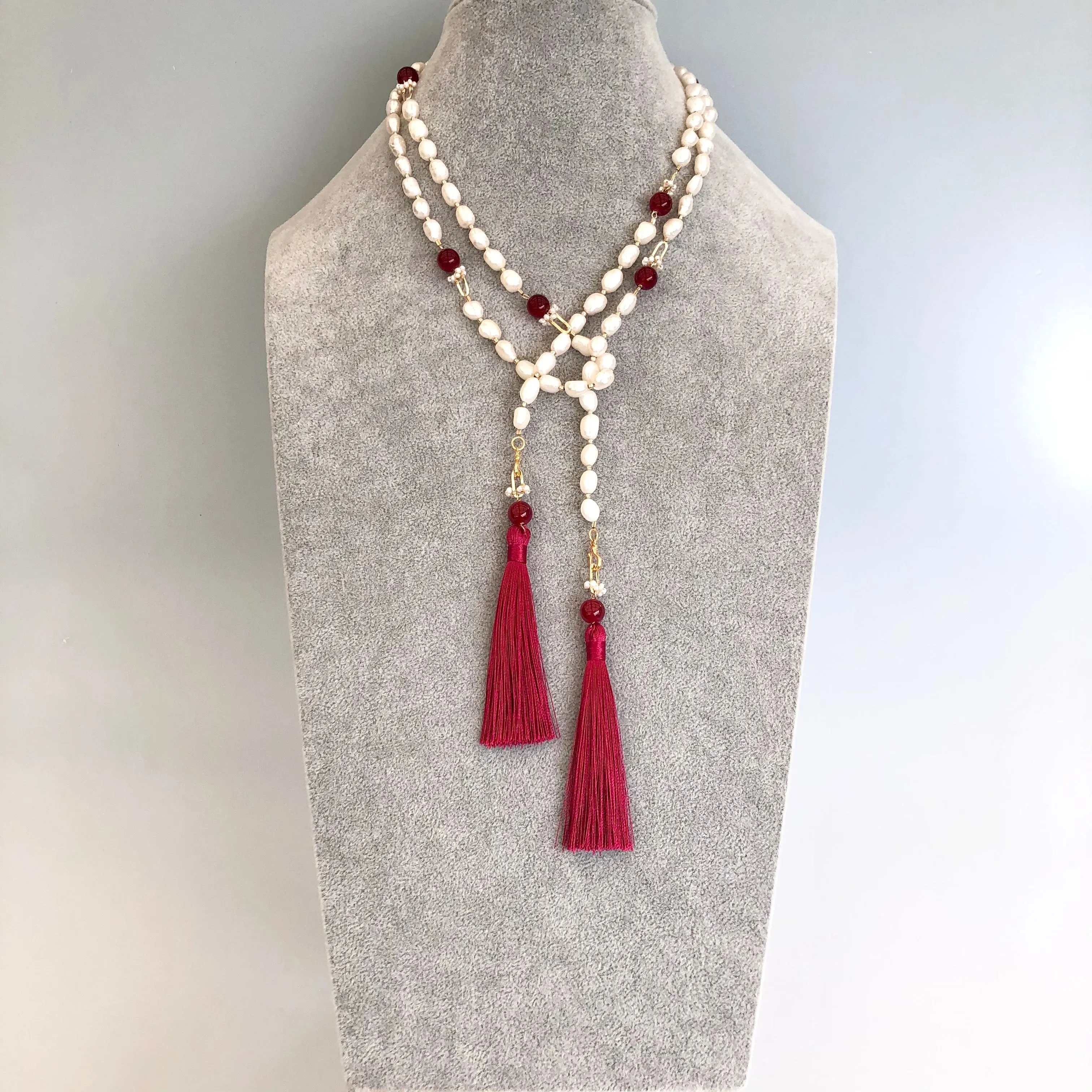 Multi-style Baroque Pearl Lariat Necklace Red Tassel Set