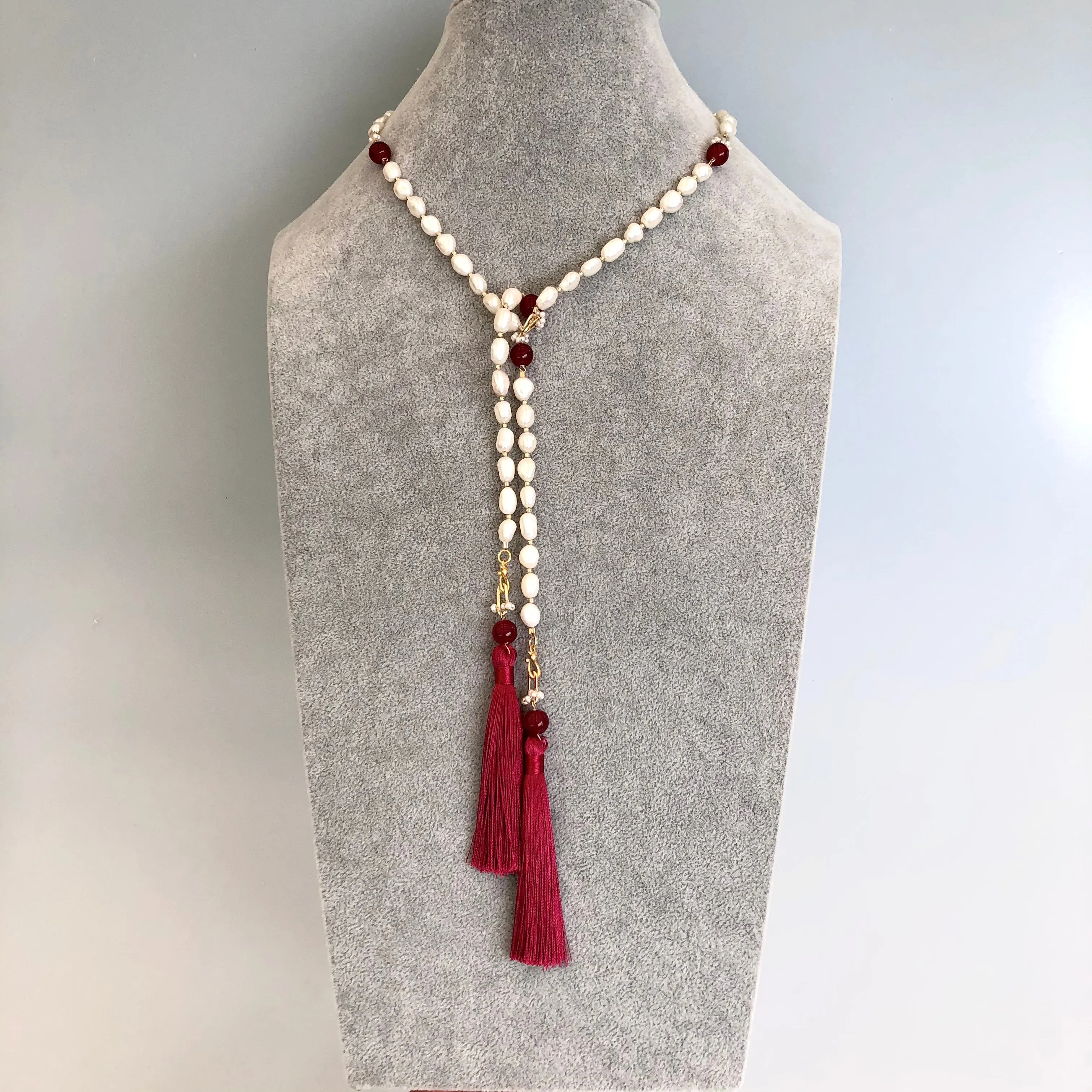 Multi-style Baroque Pearl Lariat Necklace Red Tassel Set