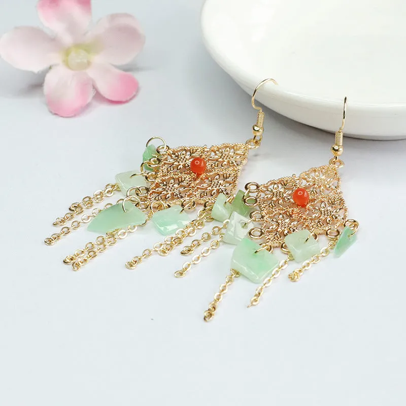 Myanmar Jade Tassel Earrings with Diamond Shaped Ear Hooks