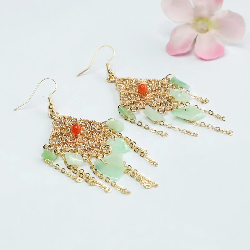 Myanmar Jade Tassel Earrings with Diamond Shaped Ear Hooks