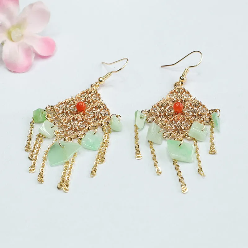 Myanmar Jade Tassel Earrings with Diamond Shaped Ear Hooks