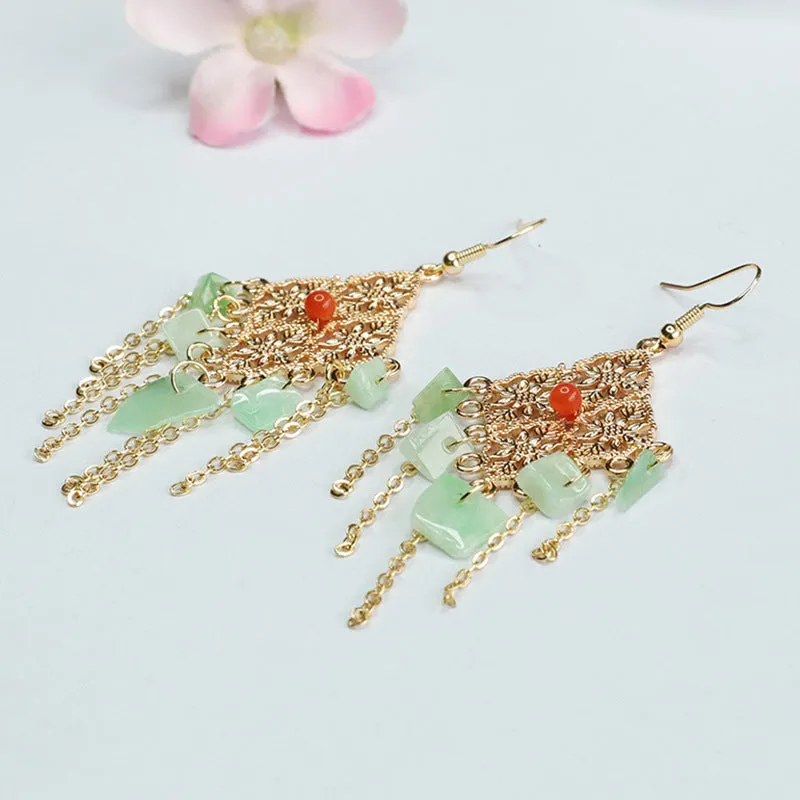 Myanmar Jade Tassel Earrings with Diamond Shaped Ear Hooks