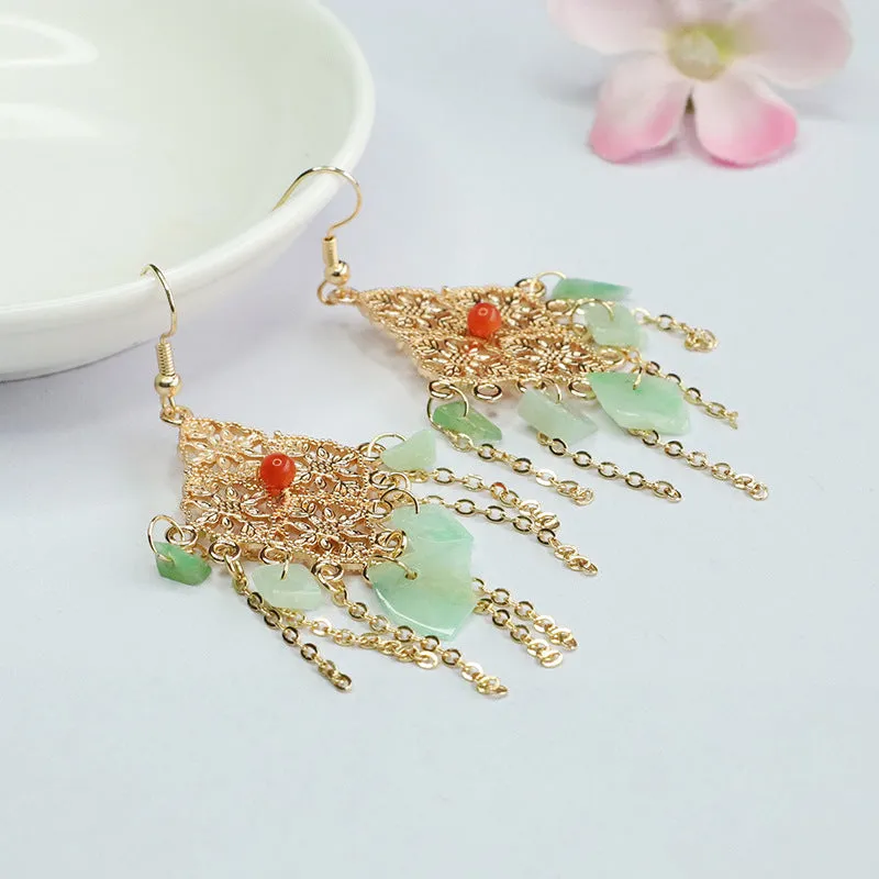 Myanmar Jade Tassel Earrings with Diamond Shaped Ear Hooks