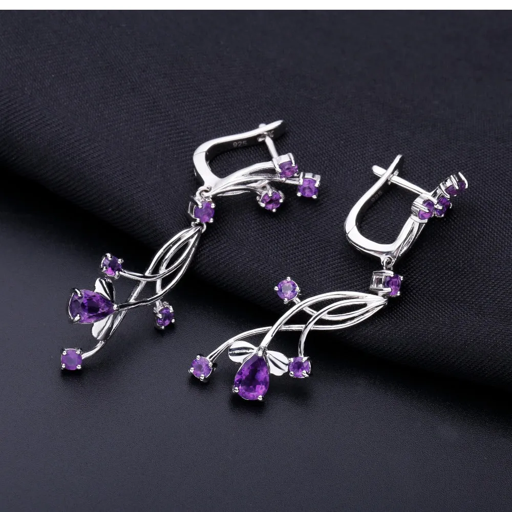 Natural Amethyst Flower Cluster Design Sterling Silver Drop Earrings for Women