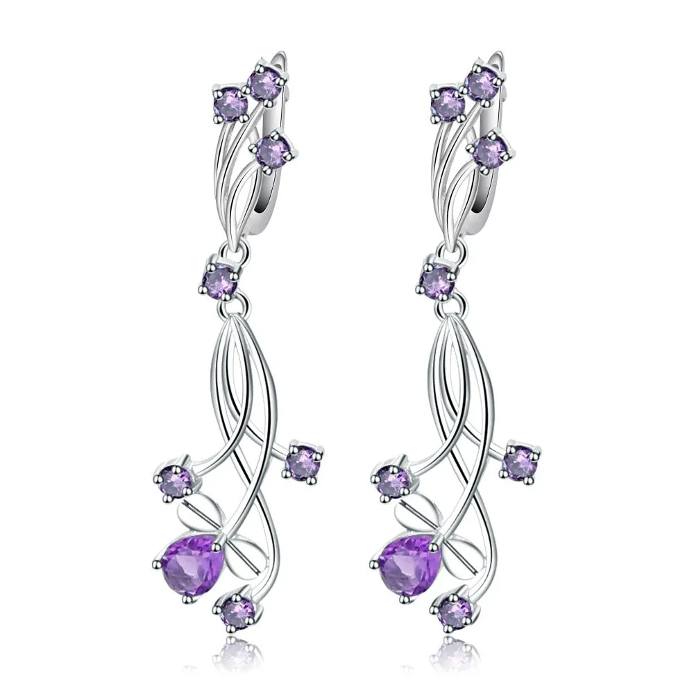 Natural Amethyst Flower Cluster Design Sterling Silver Drop Earrings for Women