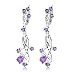 Natural Amethyst Flower Cluster Design Sterling Silver Drop Earrings for Women