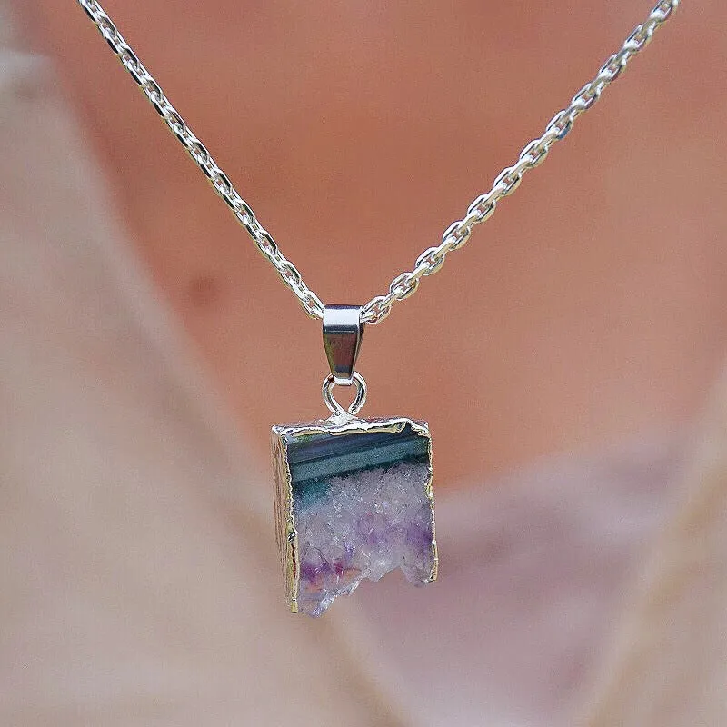 Natural Cut Amethyst Silver Edge Necklace Healing Crystal Simple