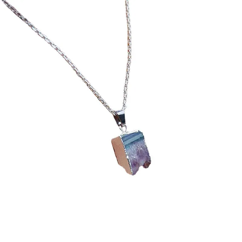 Natural Cut Amethyst Silver Edge Necklace Healing Crystal Simple