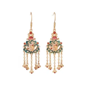 Natural Hetian Jade Enamel Porcelain Coy Fish Tassel Earrings