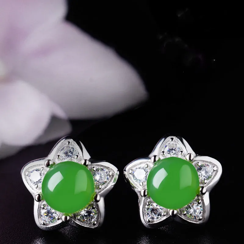 Natural Jade Earrings Nephrite Silver Zircon Earrings ZEG514