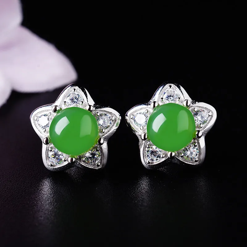 Natural Jade Earrings Nephrite Silver Zircon Earrings ZEG514