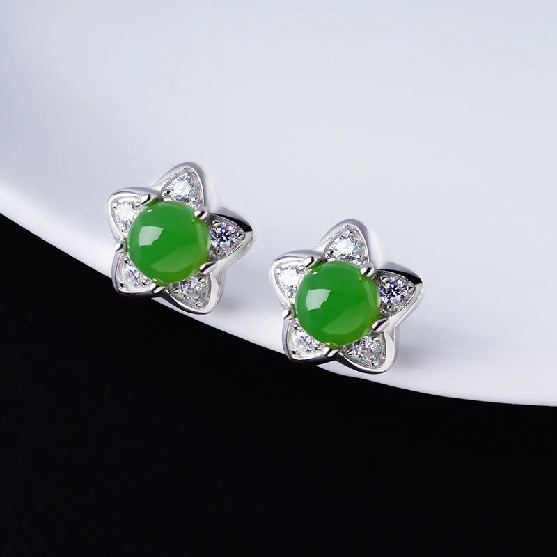 Natural Jade Earrings Nephrite Silver Zircon Earrings ZEG514