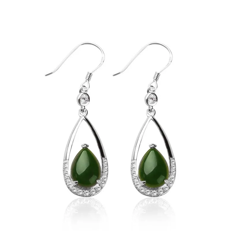 Natural Jade Earrings Nephrite Silver Zircon Earrings ZEG538