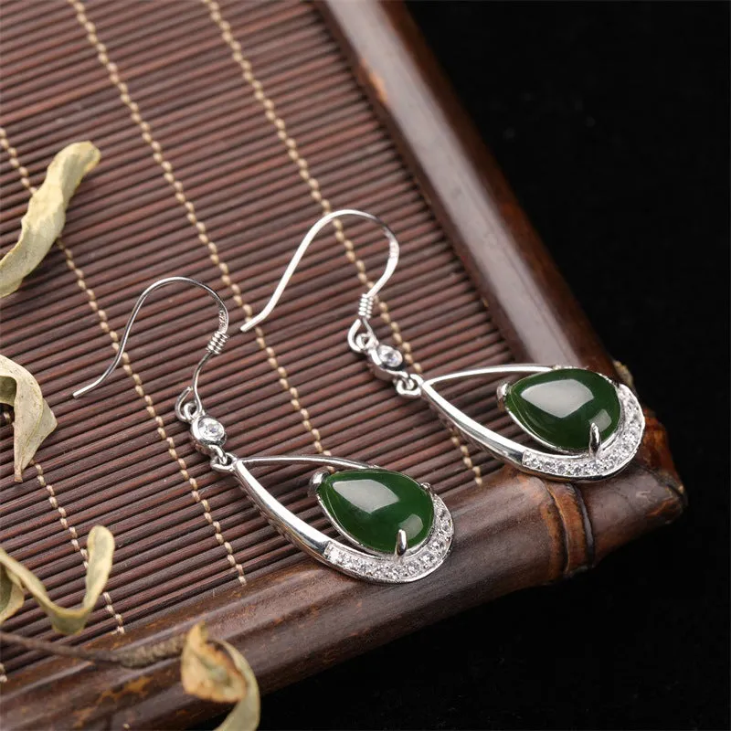 Natural Jade Earrings Nephrite Silver Zircon Earrings ZEG538